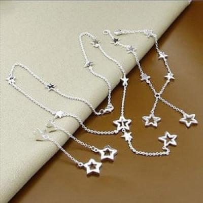 Sterling Silver Star Earrings Bracelet Necklace Set For  Women